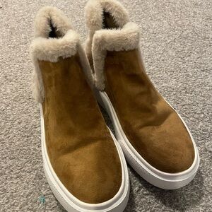 Fuzzy Tan Suede Slip-On Sneakers